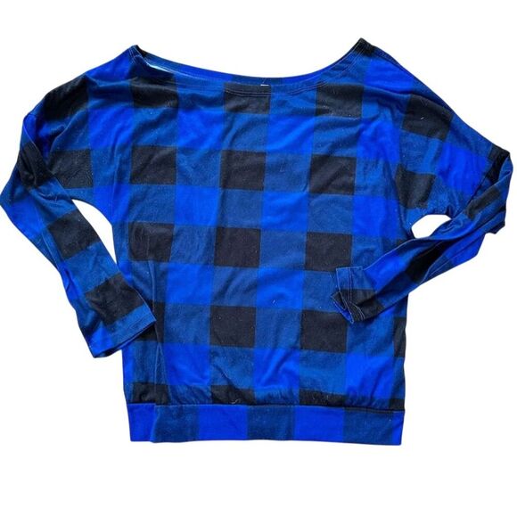 Women's Blue Check Boatneck Long Sleeve Blouse L - Picture 1 of 2